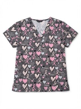 Breast Cancer Awareness Heart & Ribbon Print Scrub Top - Gray & Pink